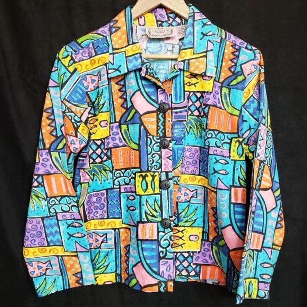 Lifestyle Cotton Geometric Fish Print Beaded Blazer